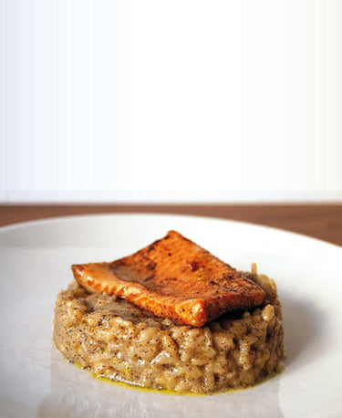 Riso con caffè, trota salmonata e confettura di arance 