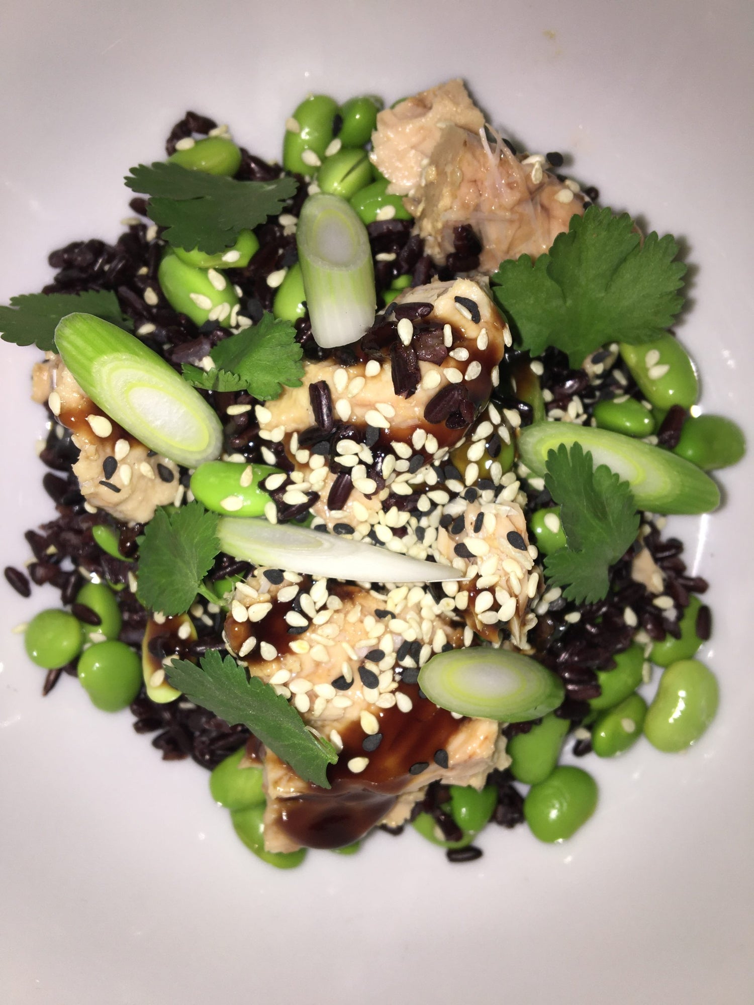 BLACK RICE WITH TERIYAKI SALMON, ENDAMAME BEANS & SESAME 
