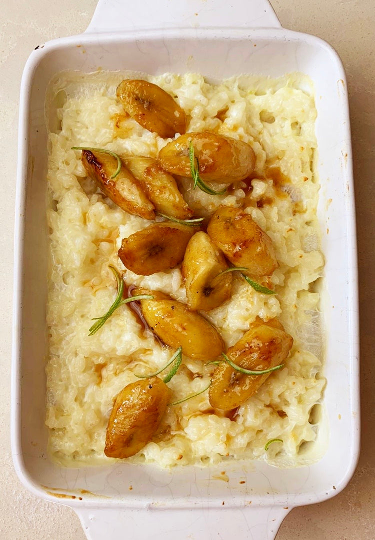 BAKED COCONUT MILK RICE PUDDING WITH SALTED CARAMEL BANANAS AND LIME 