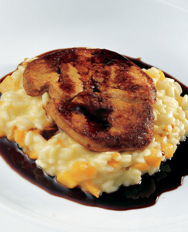 Arroz con calabaza, jengibre y escalopes de hígado graso al vinagre balsámico 