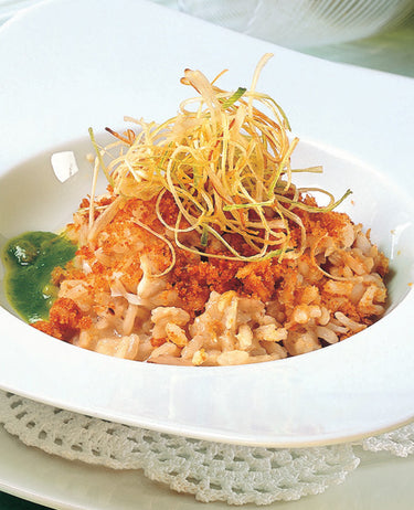 foto ricetta Risotto di mare con crema di prezzemolo, formaggio dei poveri e porri fritti 