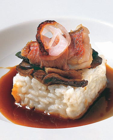foto ricetta Riso con funghi, scalogni arrosto, saltimbocca di triglia e fondo di vitello 