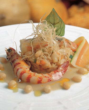 foto ricetta Riso e fagioli zolfini di Pratomagno e mazzancolle al lardo di Colonnata 