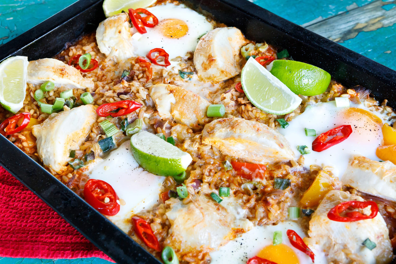 MEXICAN STYLE RICE TRAYBAKE WITH 3 GRAINS RICE AND ROAST CHICKEN 