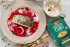 Rote Beete Risotto mit Meerrettich-Schaum und gebratener Lachsforelle 