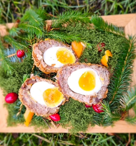 SCOTCH GOOSE EGG WITH GOOSE CONFIT & PICKLED CRANBERRIES 
