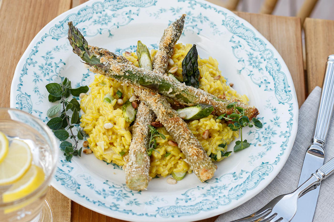 Risotto Milanese mit gebackenem Parmesan-Spargel 